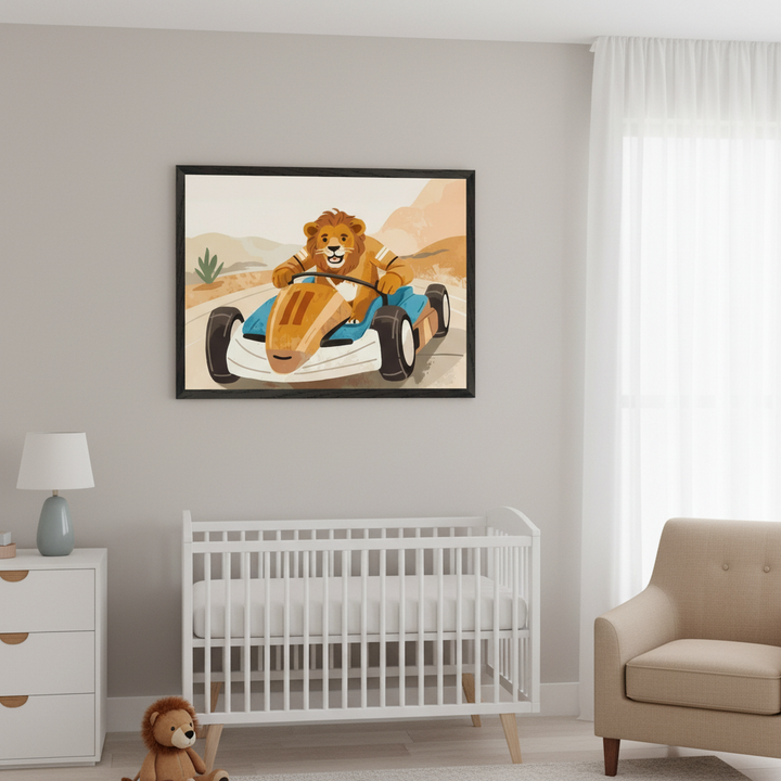Modern nursery with a white crib, white dresser, and beige armchair. A large framed print of a cartoon lion driving a blue and brown go-kart on a desert road hangs above the crib.
