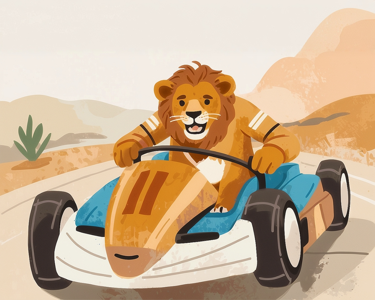 A cheerful lion drives a colorful go-kart on a winding desert road, surrounded by sandy hills and a small green plant.