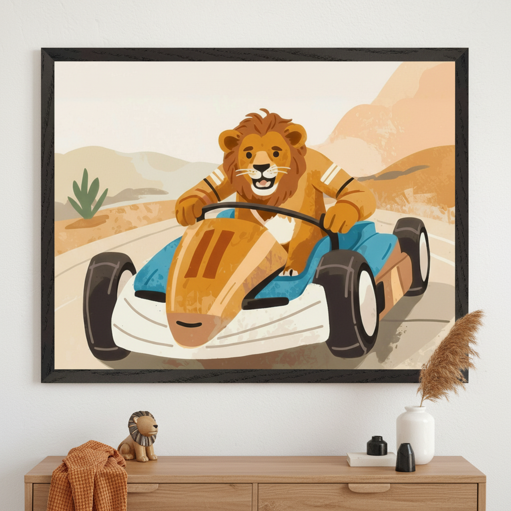 Kid's room with a light wood dresser. A large black-framed print of an illustrated lion driving a go-kart on a desert road hangs above the dresser. A lion figurine and orange blanket sit on the dresser.