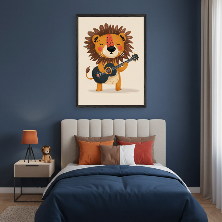 Kid's bedroom with a modern bed, light headboard, and dark blue duvet. A nightstand with an orange lamp and a lion plush is to the left. A large framed poster hangs centrally above the bed on a dark blue wall, depicting a cartoon lion with a shaggy mane playing a black guitar.