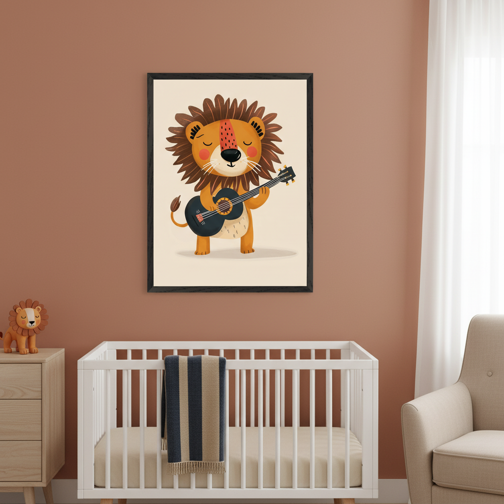 Modern nursery with a white crib, wooden dresser, and beige armchair. A framed cartoon print of a happy lion playing a black guitar hangs above the crib on a warm rust wall.