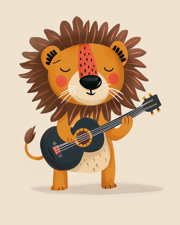 A cute cartoon lion stands happily with eyes closed, strumming a black acoustic guitar against a light background. The playful style and gentle expression make it a charming music-themed image for kids and families.

