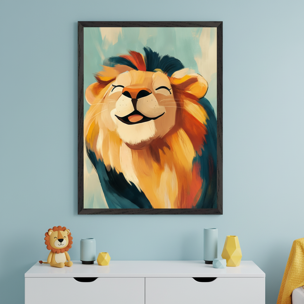 Framed painting of a smiling cartoon lion with a vibrant orange, yellow, and dark teal mane, hanging on a light blue wall above a white dresser. A matching plush lion toy and geometric decor pieces sit on the dresser, creating a cheerful, kid-friendly space.