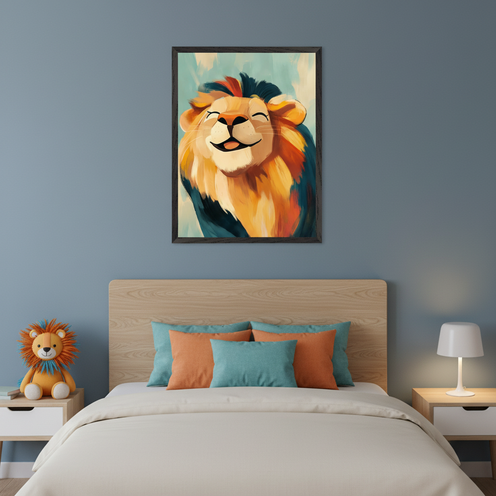 Kid's bedroom with a wooden bed and blue wall. A large framed painting of a happy, painterly style lion with a colorful mane hangs centered above the headboard.
