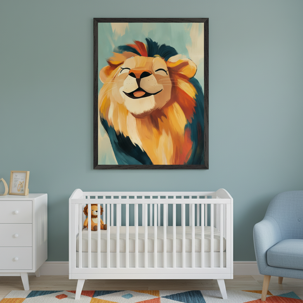 Modern nursery with a white crib and dresser, and a light blue armchair. A large framed, colorful painting of a joyful lion with an expressive, multicolored mane hangs above the crib.