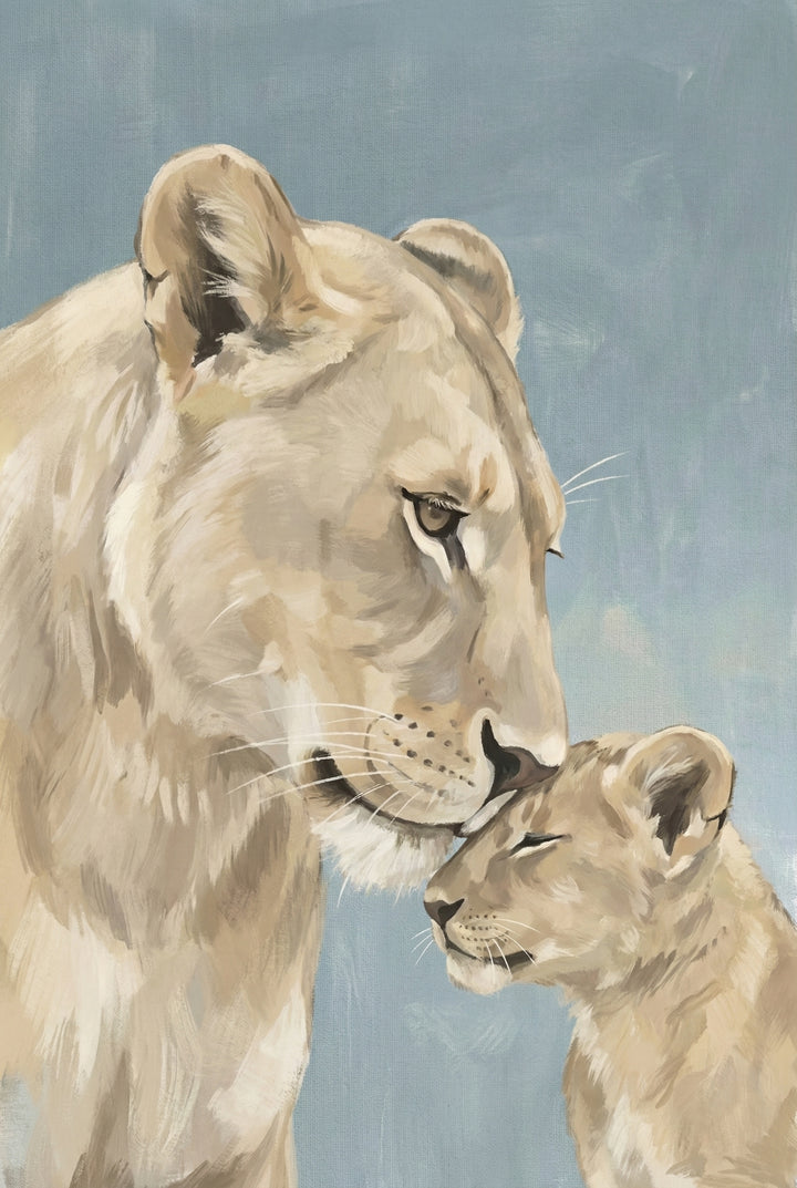 A close-up painting of a lioness gently pressing her nose to her cub’s forehead. The cub has its eyes closed, leaning into the affectionate moment, set against a soft blue background.
