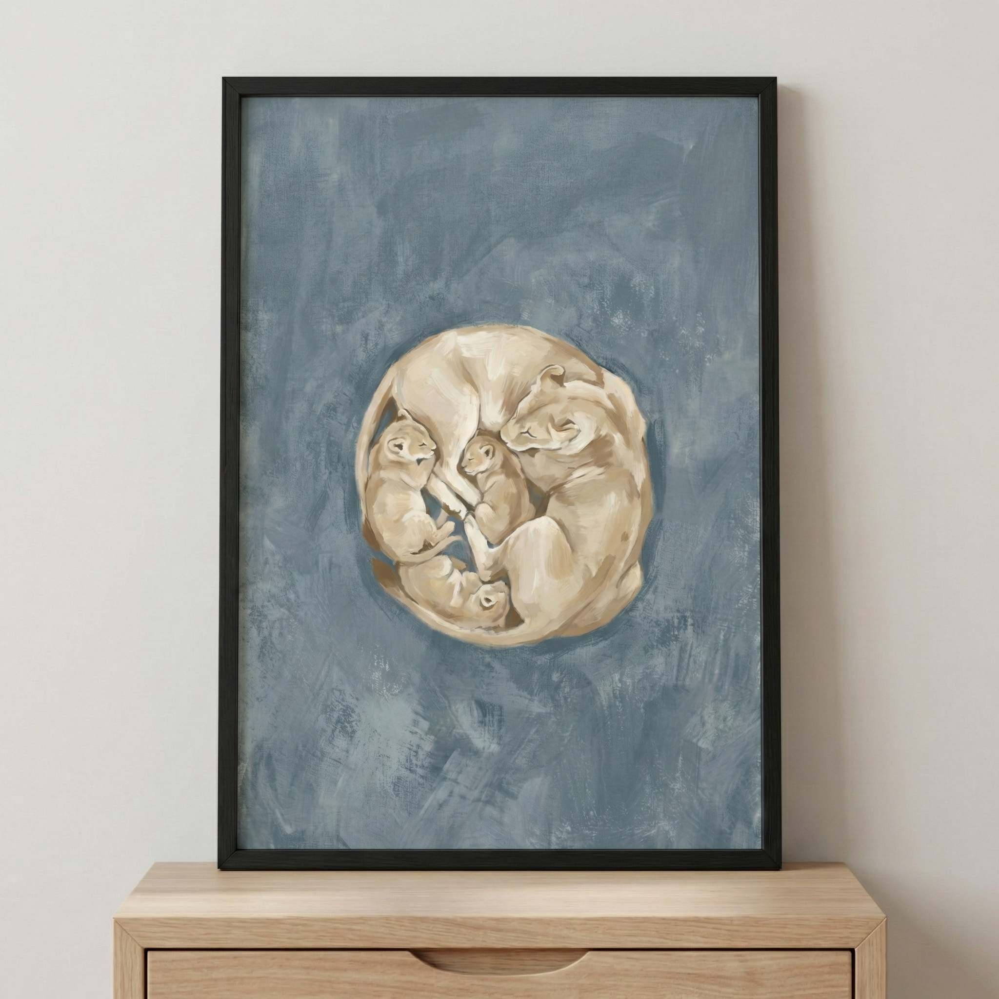 Lioness And Cubs Minimalist Nursery Decor Wall Art - Golden Pride Circle
