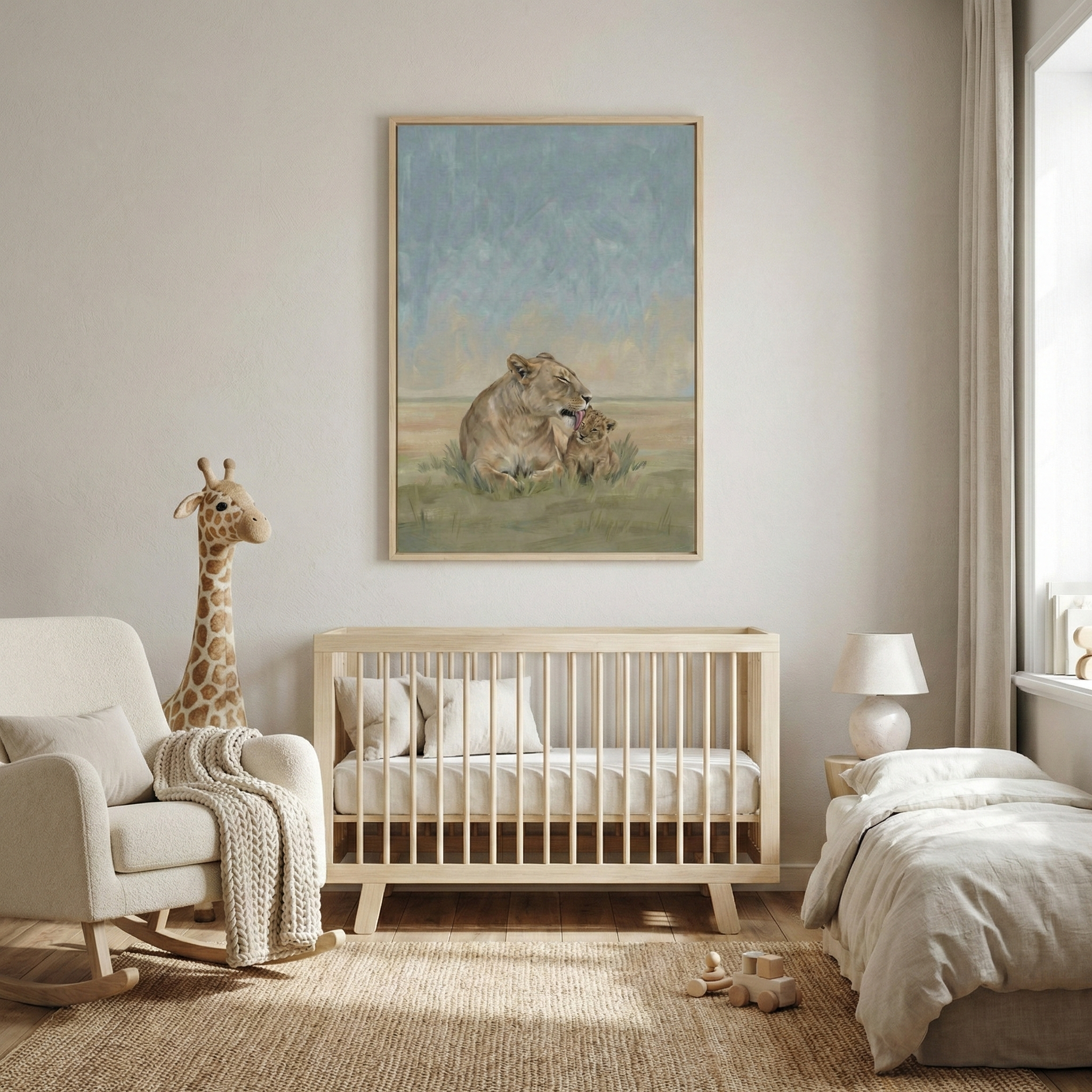 A tranquil nursery featuring a large, framed art piece on a light-colored wall. The artwork depicts a lioness gently grooming her cub in a savanna landscape. Below the frame sits a modern, light-wood crib with white bedding. To the left of the crib stands a tall, plush giraffe toy next to a beige upholstered rocking chair draped with a thick, textured knit blanket. On the right, a simple white lamp rests on a side table next to a bed with a white comforter. 