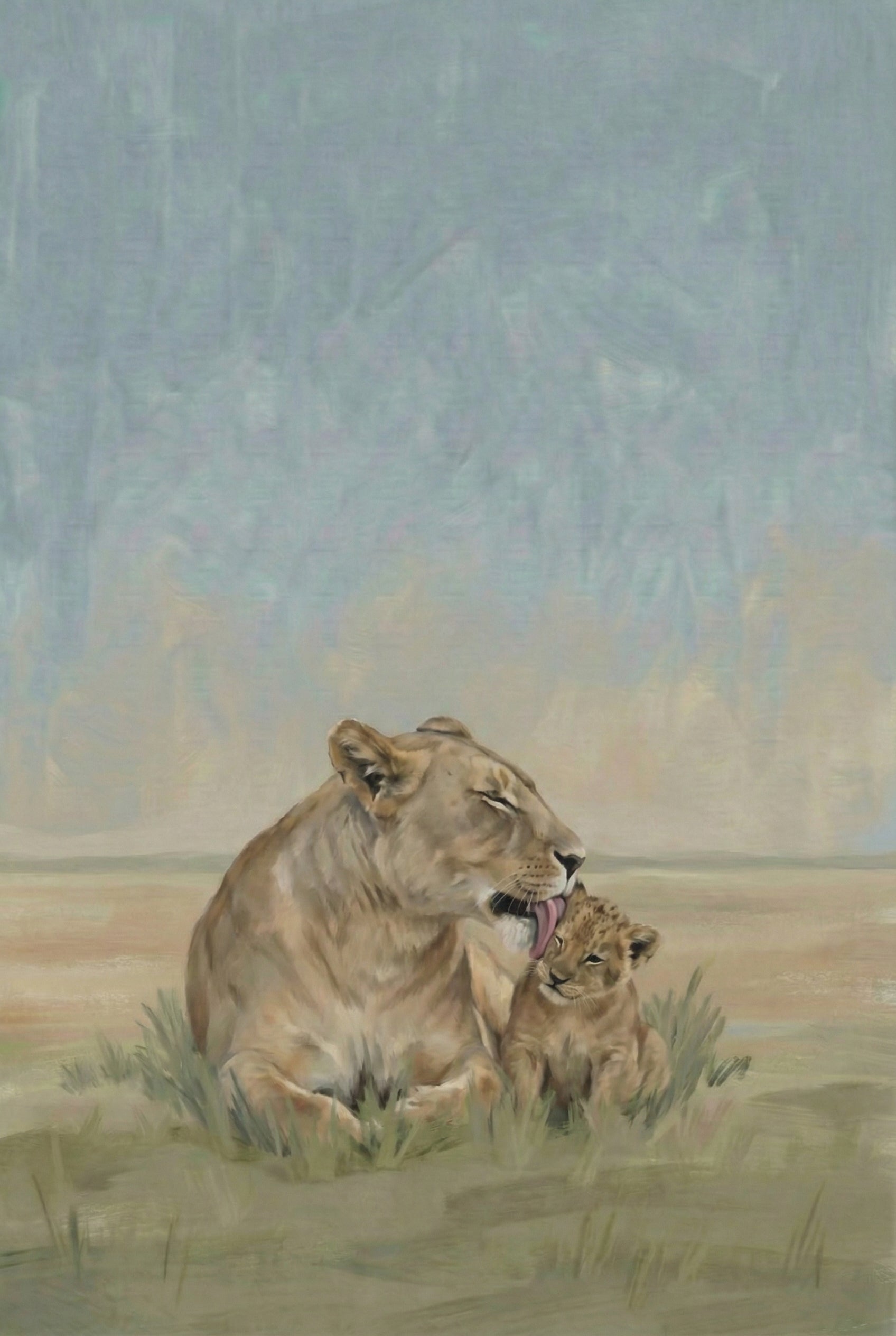 A lioness lies peacefully in tall grass, eyes closed, as she gently licks her small cub. The warm tones of the savanna and soft blue sky create a tender and nurturing moment in the wild.
