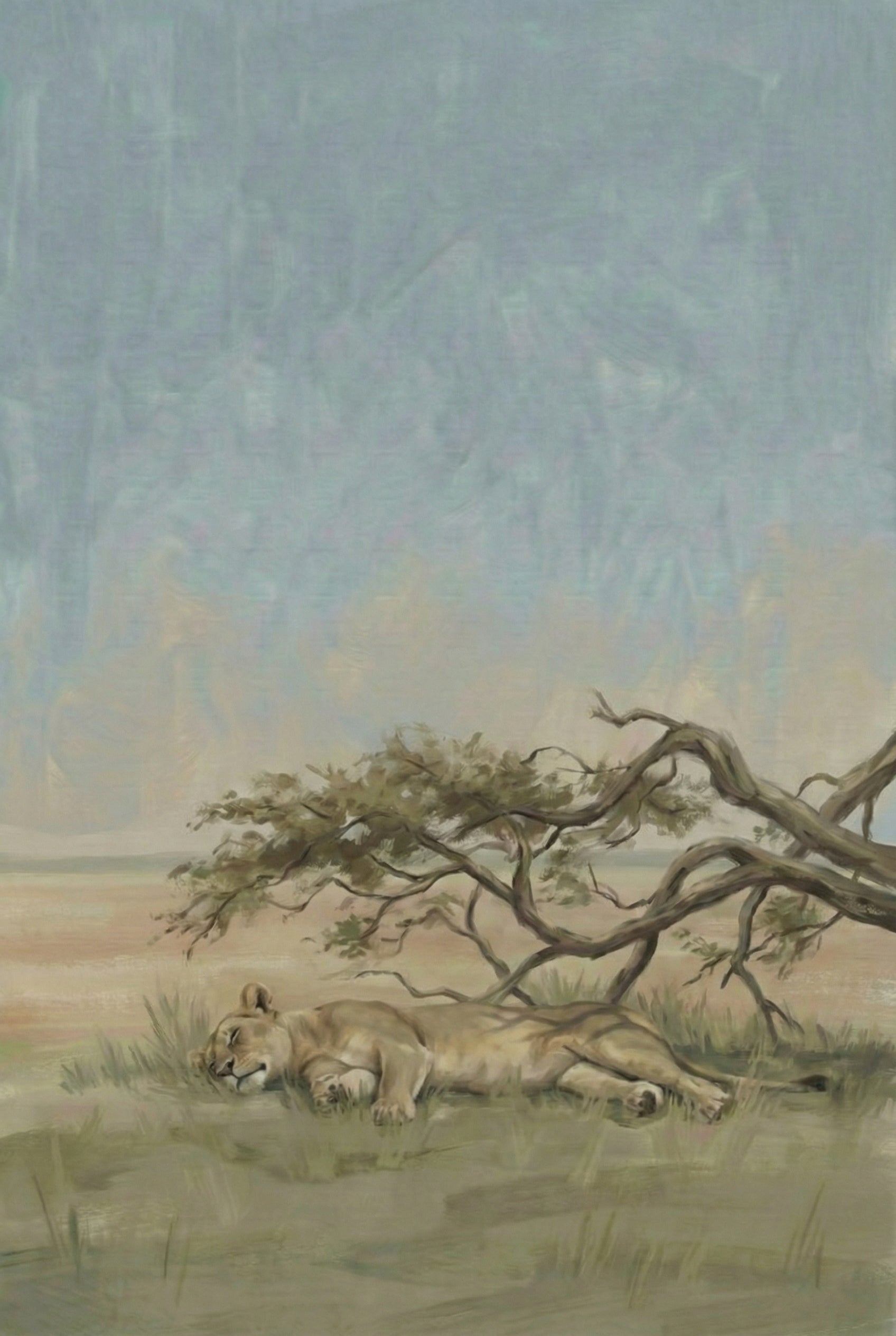 A lioness rests peacefully in the grass beneath a wind-swept tree. The gentle brushstrokes and muted tones convey a serene midday nap in the wild.
