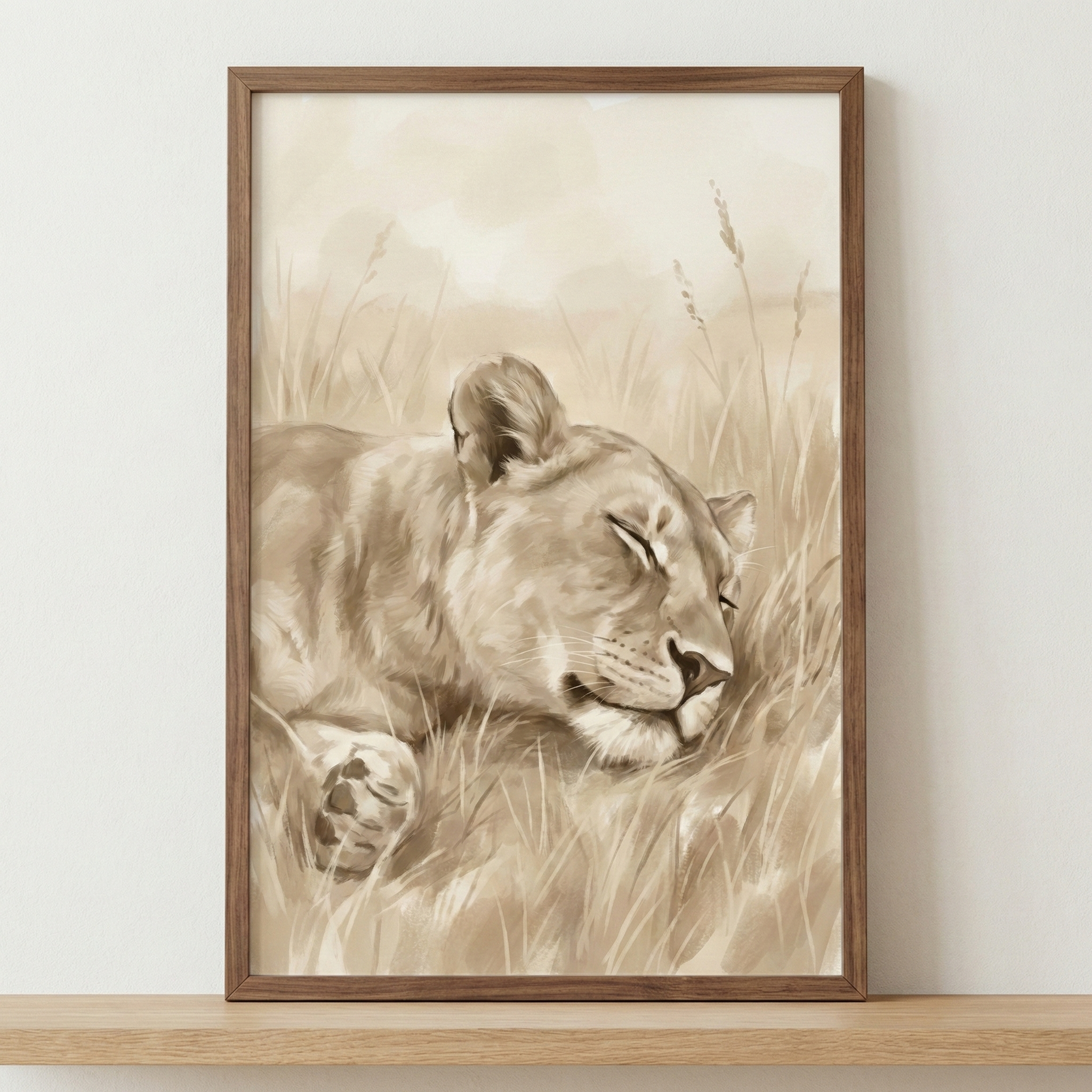 A framed piece of wildlife art captures a sleeping lioness in a serene, sepia-toned style. The big cat is shown resting peacefully with her eyes closed, nestled amidst tall, dry grass. Soft, blended tones of beige and brown create a warm, calm atmosphere. One large paw is tucked in the foreground. The artwork is encased in a simple, natural wood frame and sits on a wooden shelf, offering a tranquil depiction of nature through a monochromatic lens.