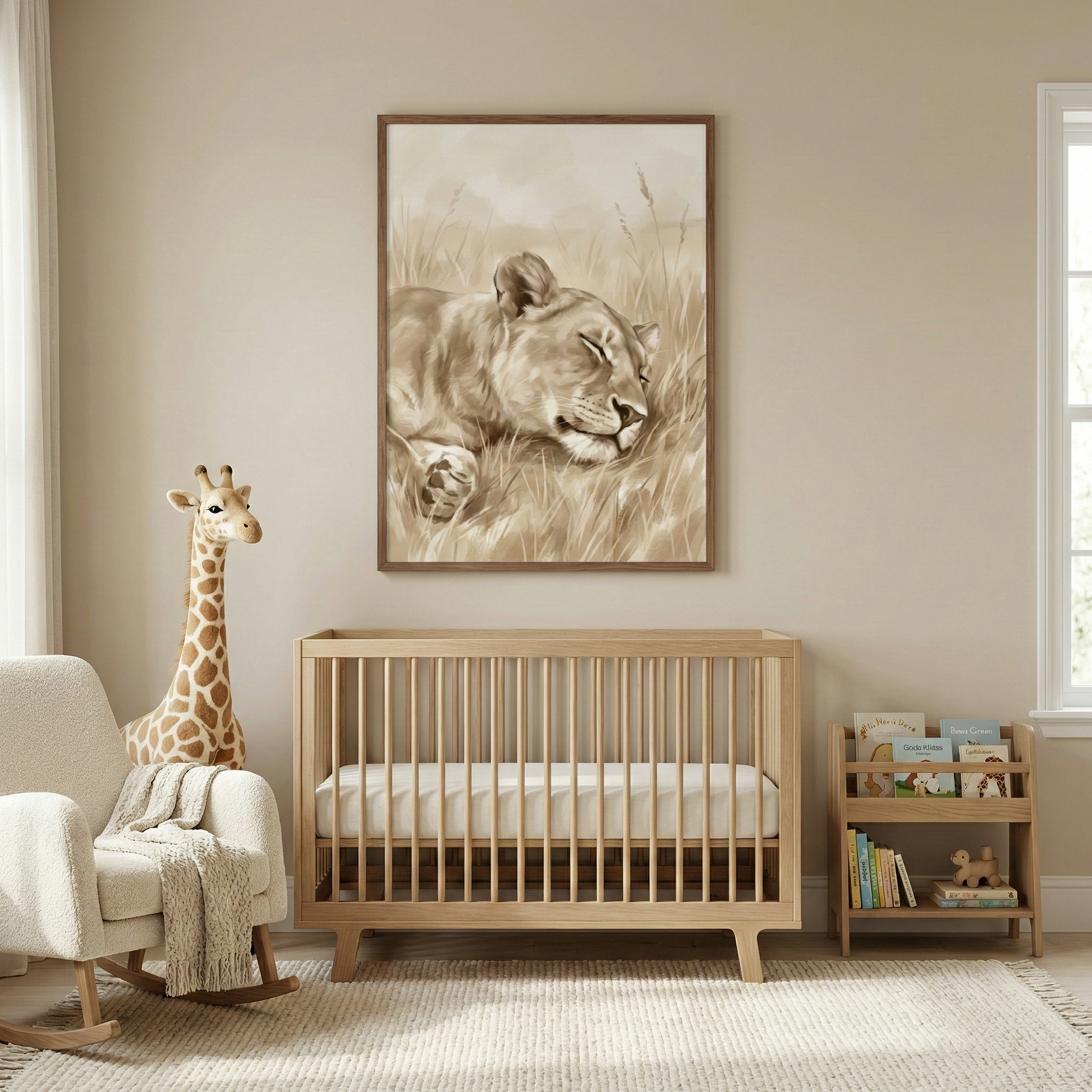 A serene nursery in neutral earth tones features a light wood crib centered against a beige wall. Above the crib hangs a large framed piece of art depicting a sleeping lioness nestled in tall grass. To the left, a plush cream-colored rocking chair is draped with a textured throw blanket, next to a tall, stuffed giraffe toy. On the right, a small wooden shelf holds several children's books. A light-colored, low-pile rug covers the floor, and soft natural light fills the space.