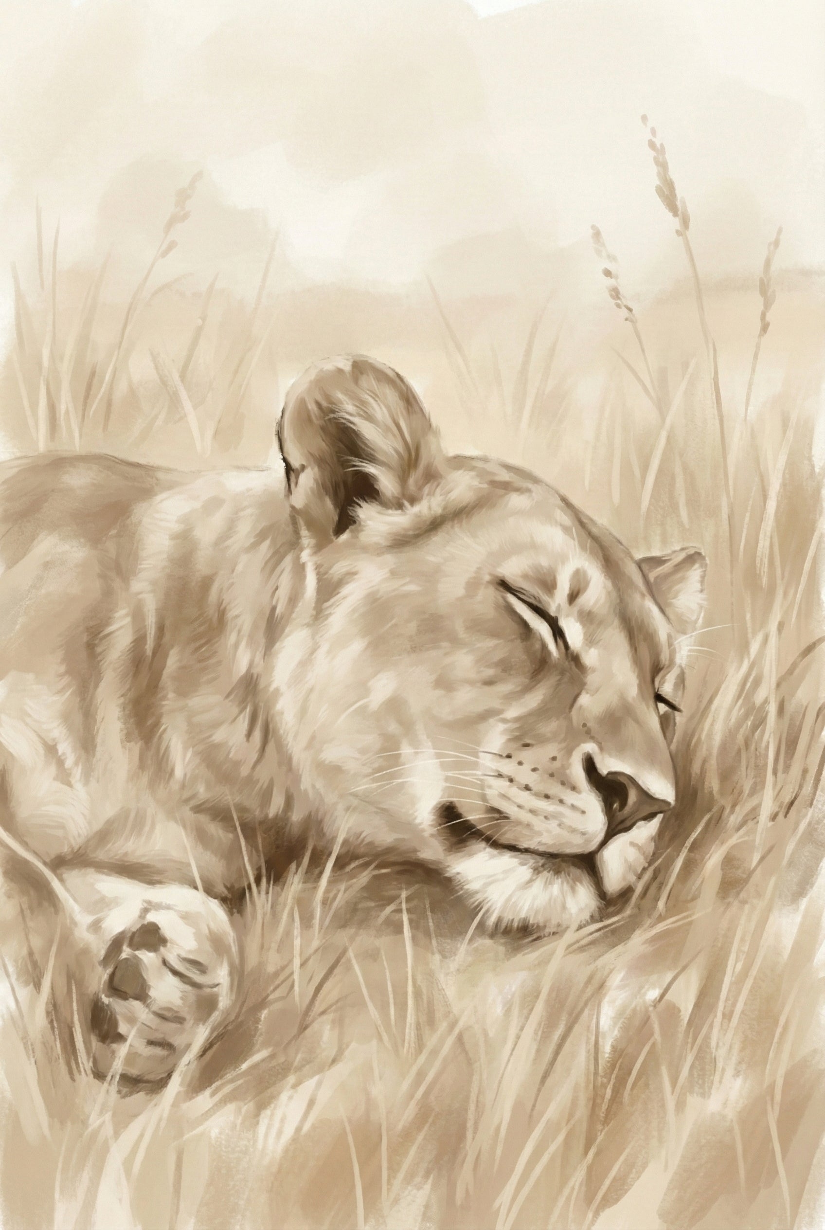Lioness Sepia Tone Wall Art - Savanna Slumber