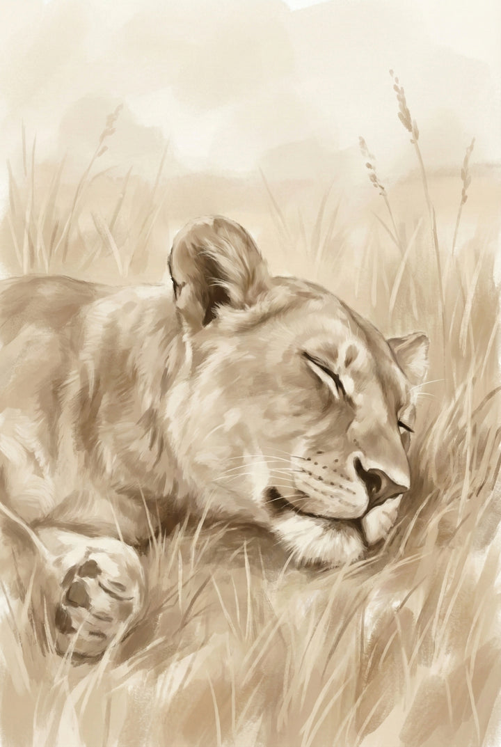 Sepia-toned watercolor illustration of a sleeping lioness resting peacefully in tall savanna grass, painted in soft warm beige hues.

