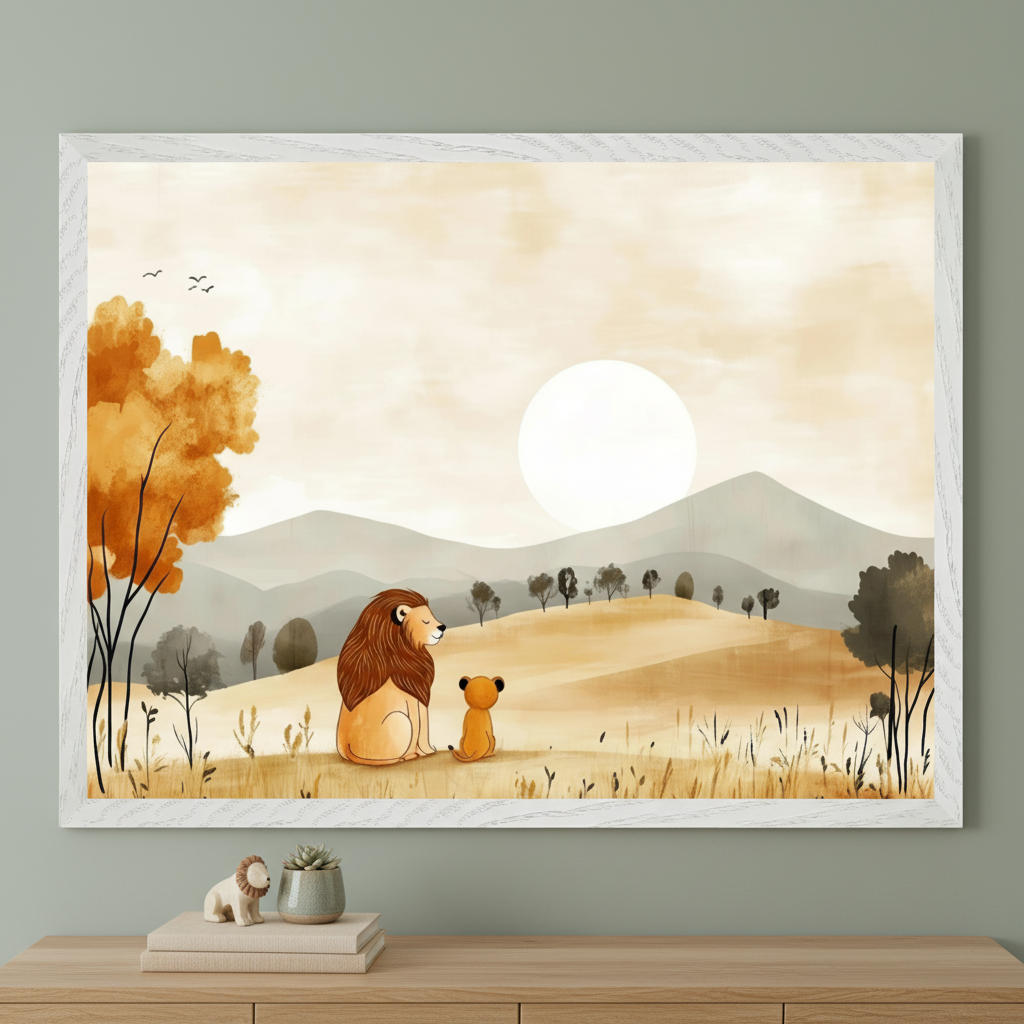 A framed wall art print features a whimsical illustration of a lion and a cub sitting side by side in a golden field, gazing toward a large sun setting behind distant mountains. The scene is painted in warm autumn tones with softly detailed trees and birds in the sky, creating a peaceful, storybook-like atmosphere.