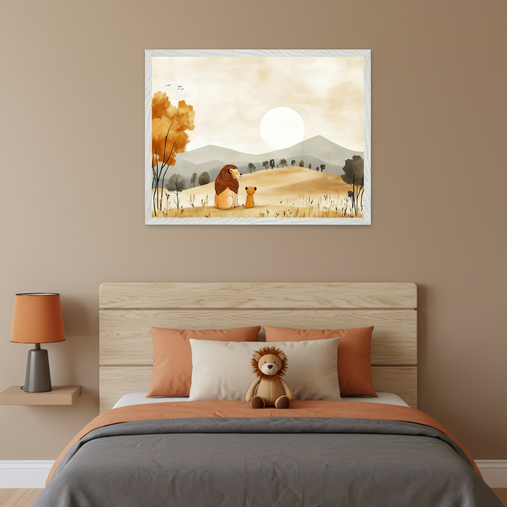 Modern kid's bedroom with a wooden headboard bed, orange bedding, and a lion plushie. A large framed watercolor print of an adult lion and cub watching the sun over a hilly landscape hangs centered above the bed.