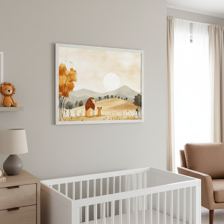 Modern nursery with a white crib, wooden dresser with a lion plushie, and an orange armchair. A framed watercolor print of a lion and cub in a landscape with hills and a white sun hangs above the crib.