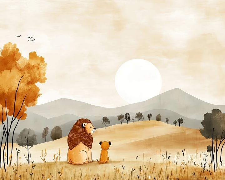 A lion and a cub sit side by side on a hill, gazing toward a large sun setting behind soft mountains, surrounded by golden fields and scattered trees.

