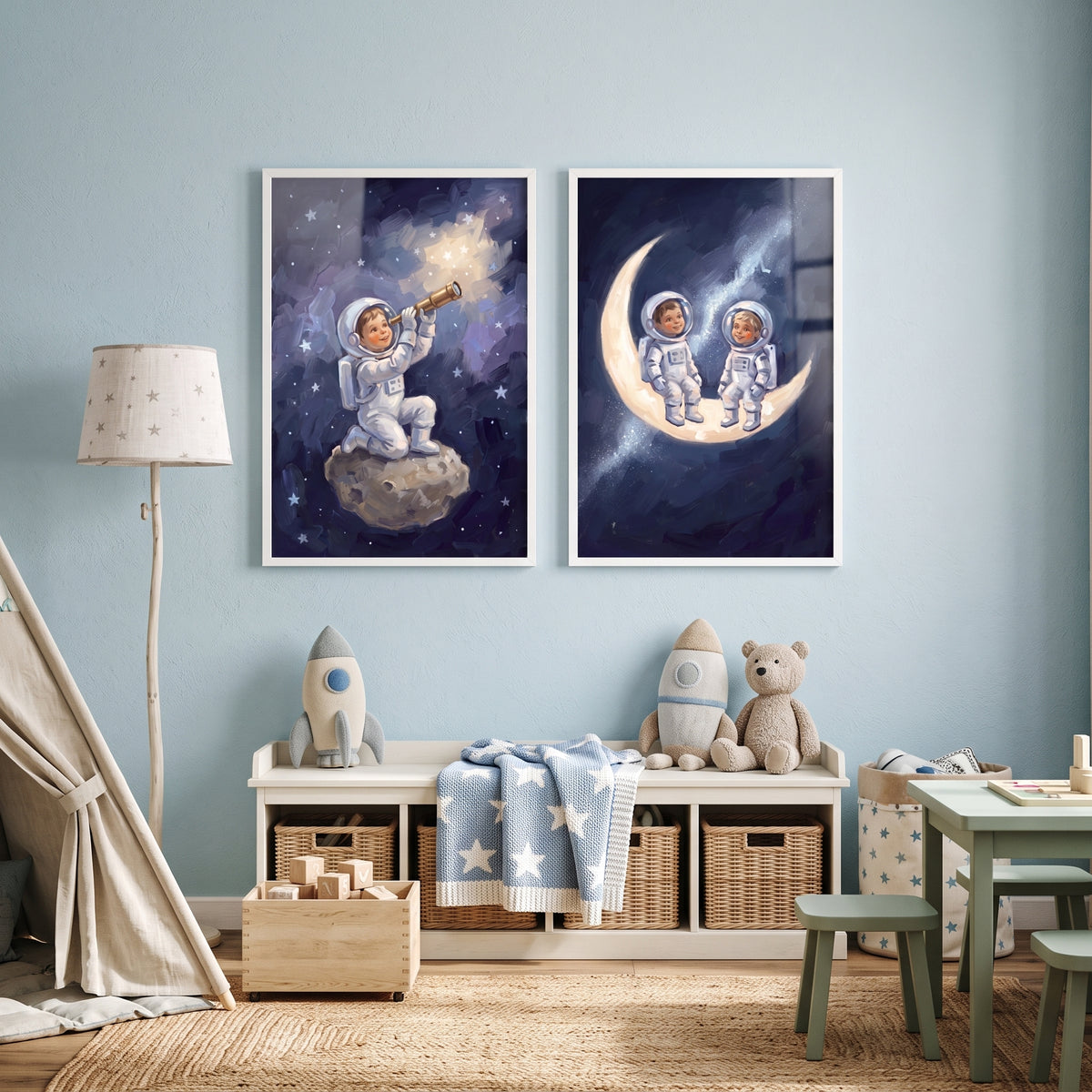 Little Explorer Baby Astronaut Wall Art Set of 2 - Moonlit Star Seekers
