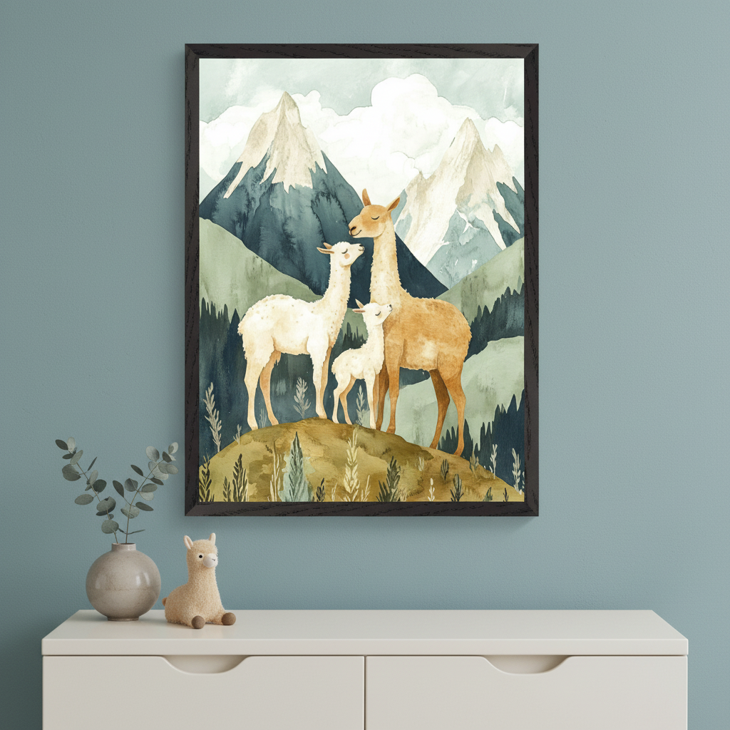 Modern child's room with a teal wall and white dresser. A large framed watercolor painting of three llamas (two adults, one baby) on a hill with mountains and trees hangs above the dresser. A small llama toy and a vase with branches are on the dresser.