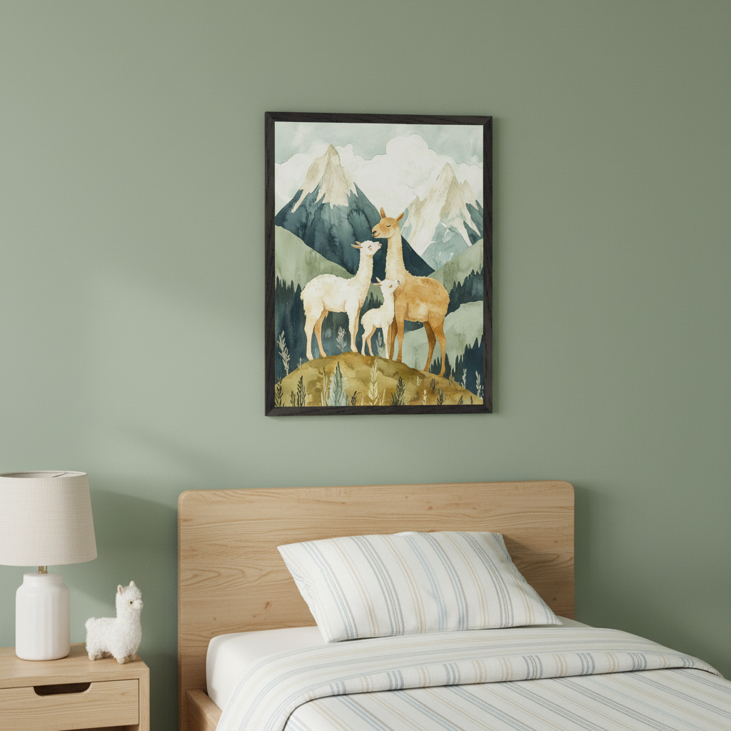Kid's bedroom with sage green walls, a light wood bed, and nightstand. Above the bed, a framed watercolor painting of a llama family in a mountain landscape.