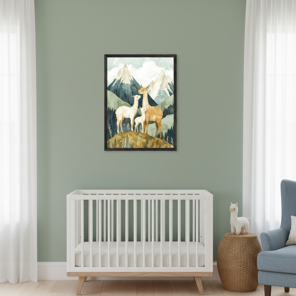 A nursery with soft green walls and white curtains features a white crib beneath a framed art of three alpacas standing on a grassy hill with snowy mountains in the background. A woven basket with a plush alpaca toy and a blue armchair add cozy touches to the serene space.