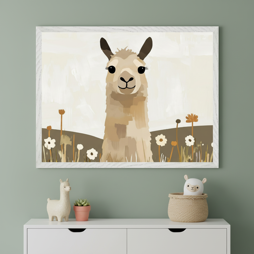 Framed illustration of a smiling llama standing in a whimsical field of neutral-toned flowers with soft hills in the background. Below the artwork, a white dresser displays a ceramic llama, a small potted succulent, and a plush llama toy peeking out of a woven basket, all set against a muted green wall.