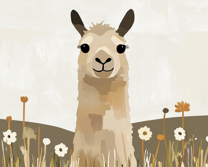 A charming illustration of a llama with big eyes and a gentle smile, surrounded by whimsical flowers in earthy tones, set against a soft, neutral background.