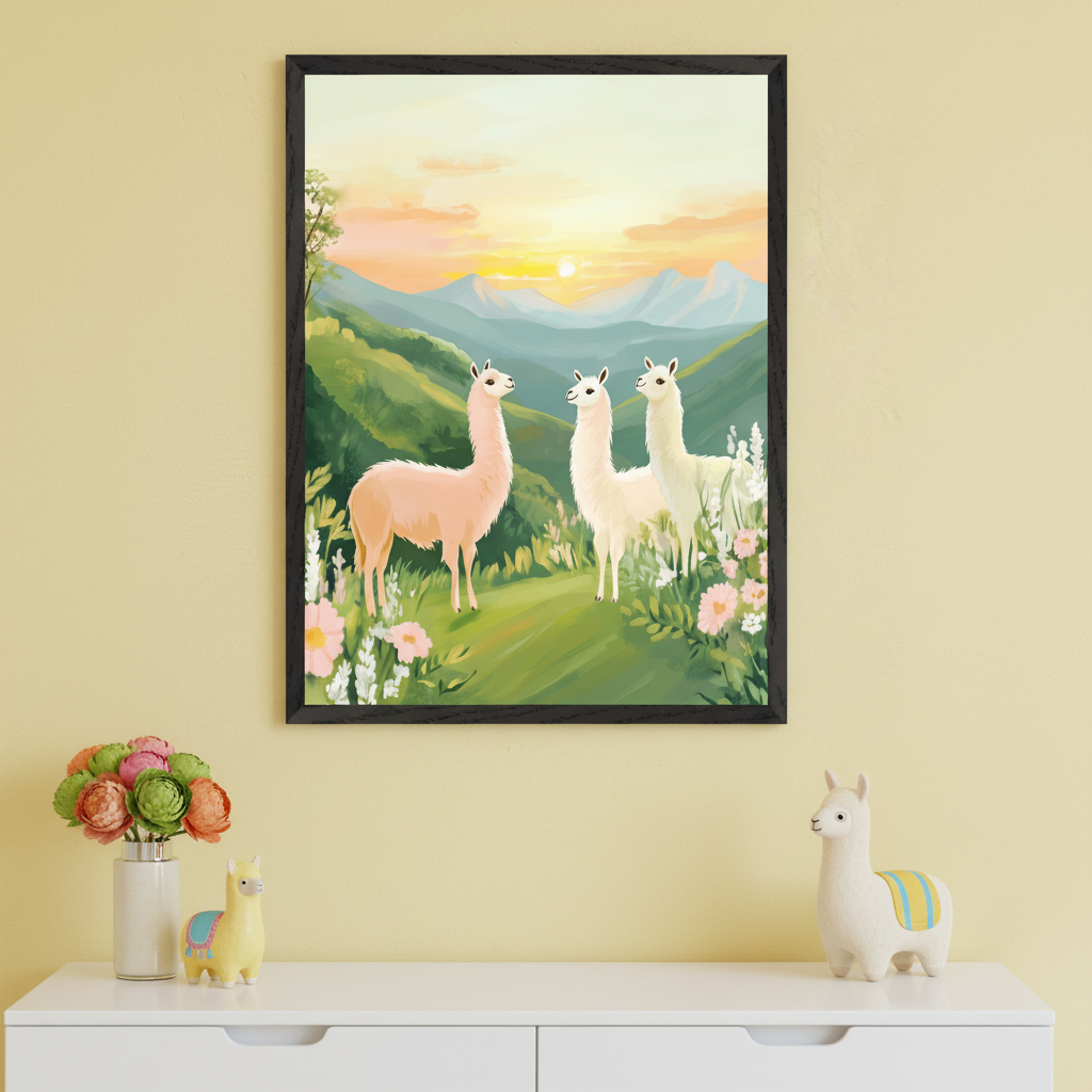 Three llamas stand in a lush green meadow dotted with flowers, with rolling hills and a glowing sunset in the background. The cheerful artwork rests on a wooden shelf alongside a potted plant and a plush teddy bear, adding a warm and whimsical touch to the space.