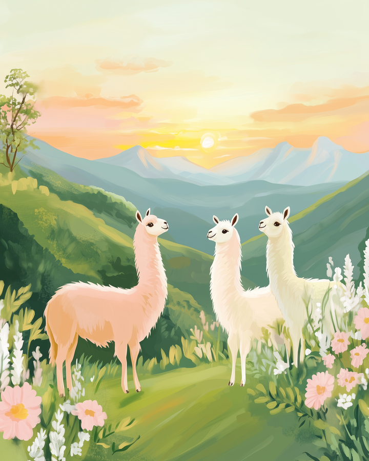 Three llamas stand gracefully on a lush hillside adorned with pink and white flowers, set against a backdrop of rolling green mountains and a vibrant sunset sky.