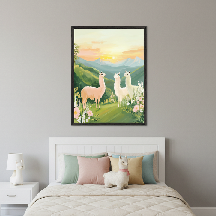 Kid's bedroom featuring a white bed with a stuffed llama and a nightstand with a llama lamp. A large framed painting of three llamas in a flowery mountain landscape at sunset hangs above the bed.