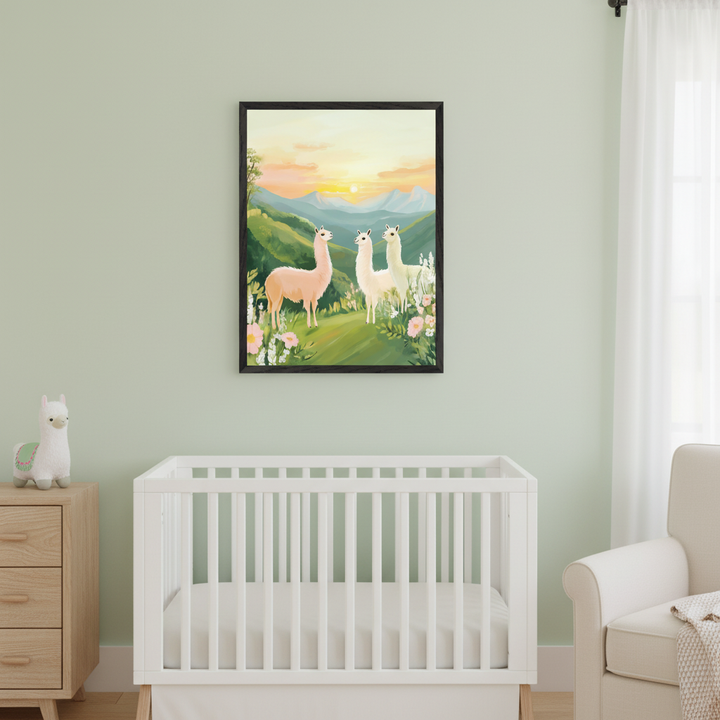 Modern nursery with a white crib, wooden dresser, and armchair. A framed art print of three llamas in a flowery mountain meadow at sunset hangs above the crib.