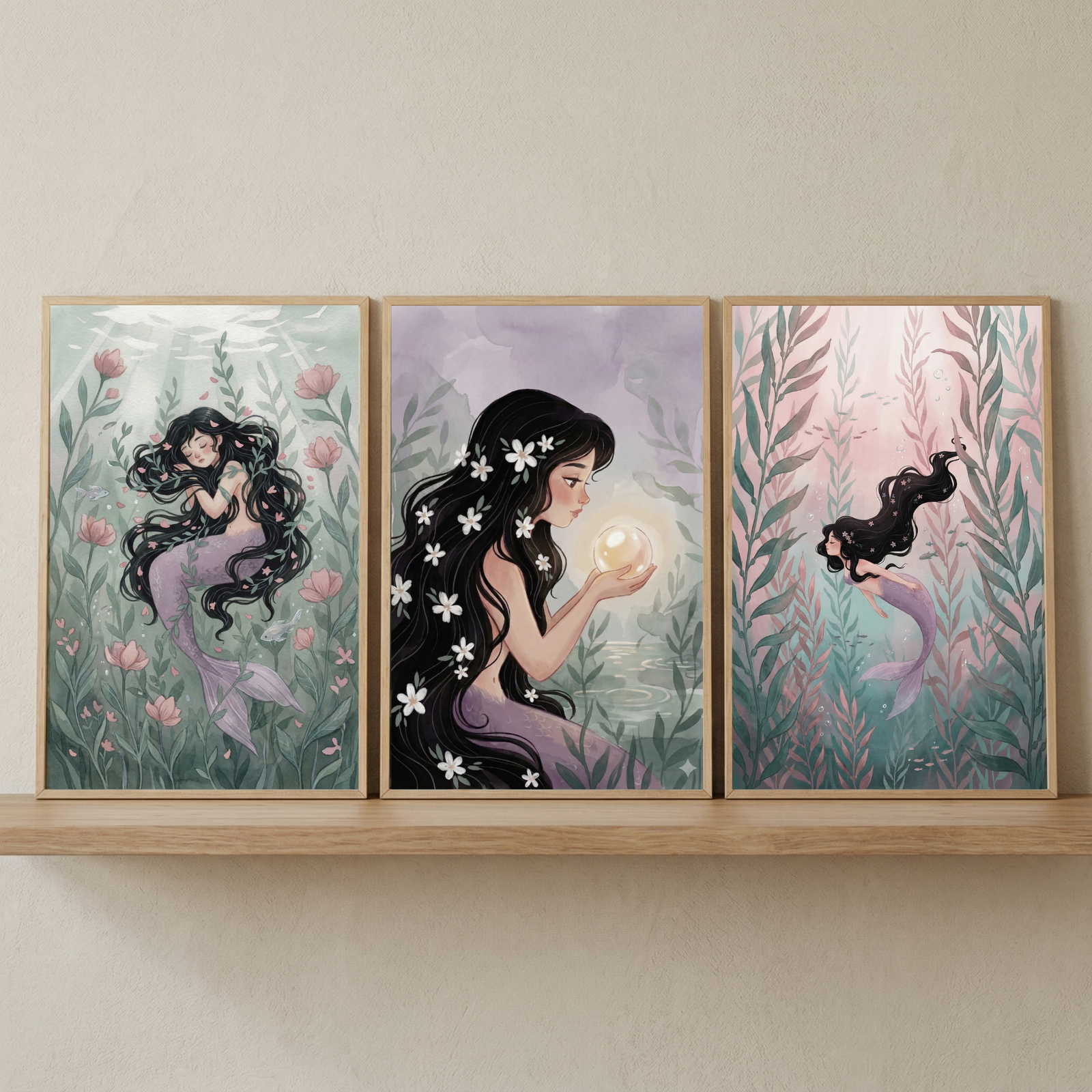 Three framed illustrations show a mermaid with flowing dark hair resting among underwater flowers a mermaid holding a glowing pearl and another swimming through tall sea plants arranged on a wooden shelf. Soft pastel colors and gentle ocean details create a dreamy whimsical decor style.