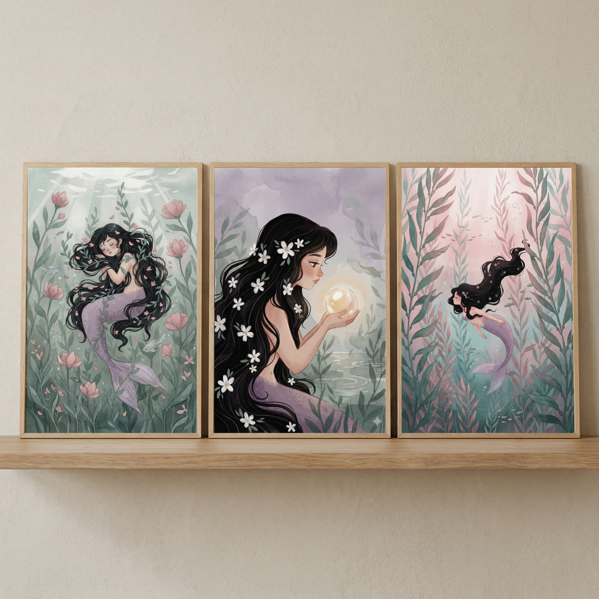 Long Black Hair Mermaid Wall Art Set of 3 - Serene Mermaid Tales