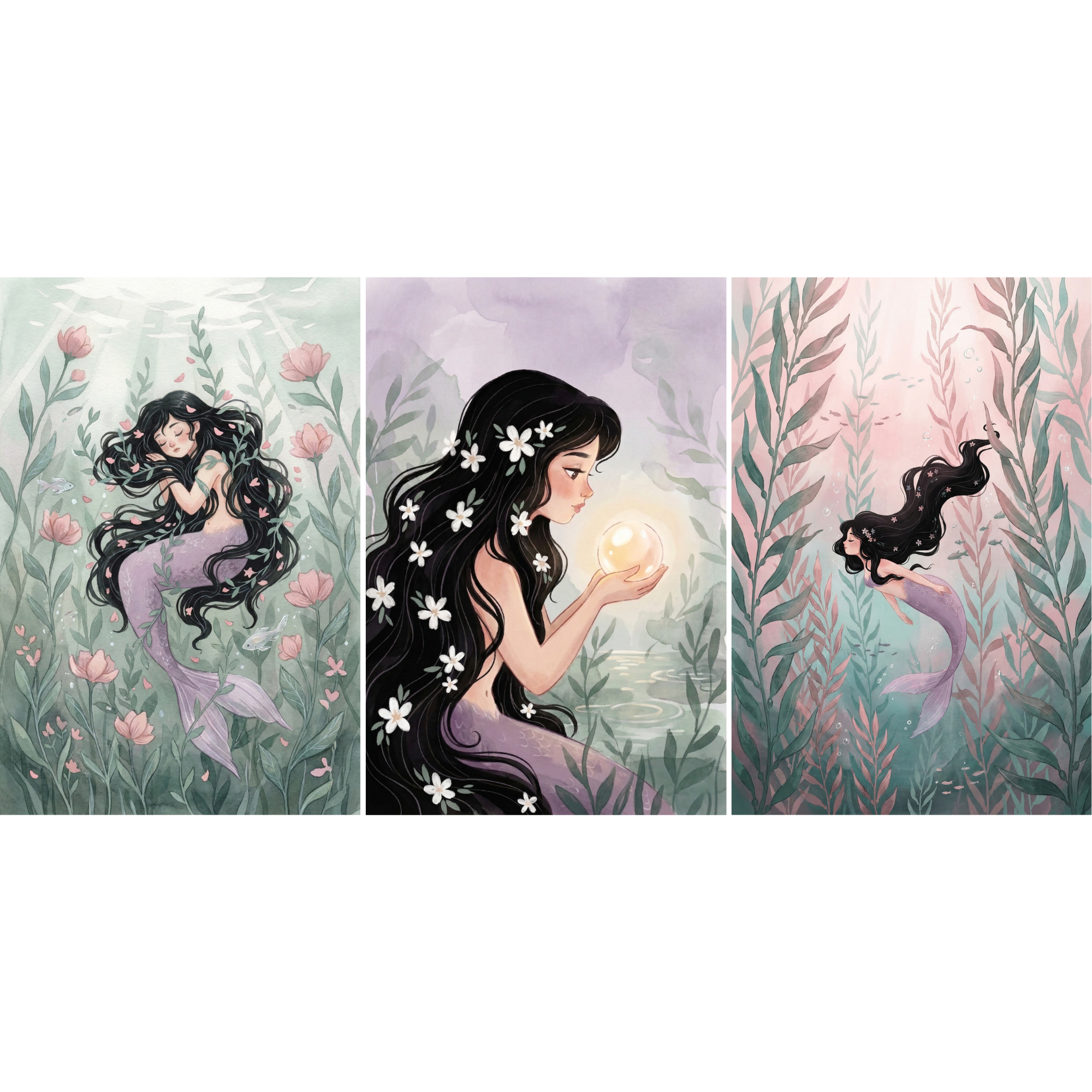Long Black Hair Mermaid Wall Art Set of 3 - Serene Mermaid Tales