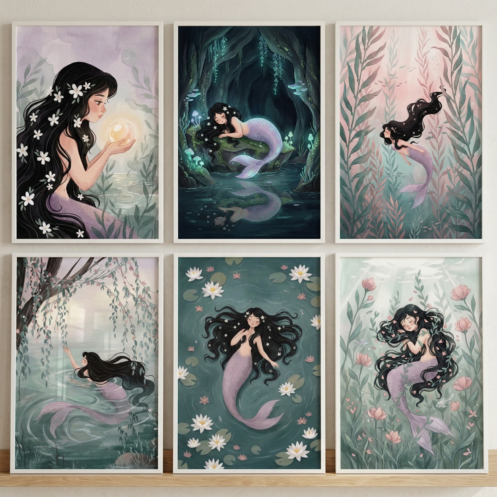 Six framed vertical artworks are displayed in two rows of three. Each illustration depicts a mermaid with long black hair and a lavender tail in various ethereal settings. One shows her holding a glowing orb; another shows her resting in a dark cave with bioluminescent plants. Other scenes include her swimming through tall pink and green seaweed, floating among white water lilies, and sleeping amidst underwater flowers. The collection has a soft, muted color palette and a serene mood.