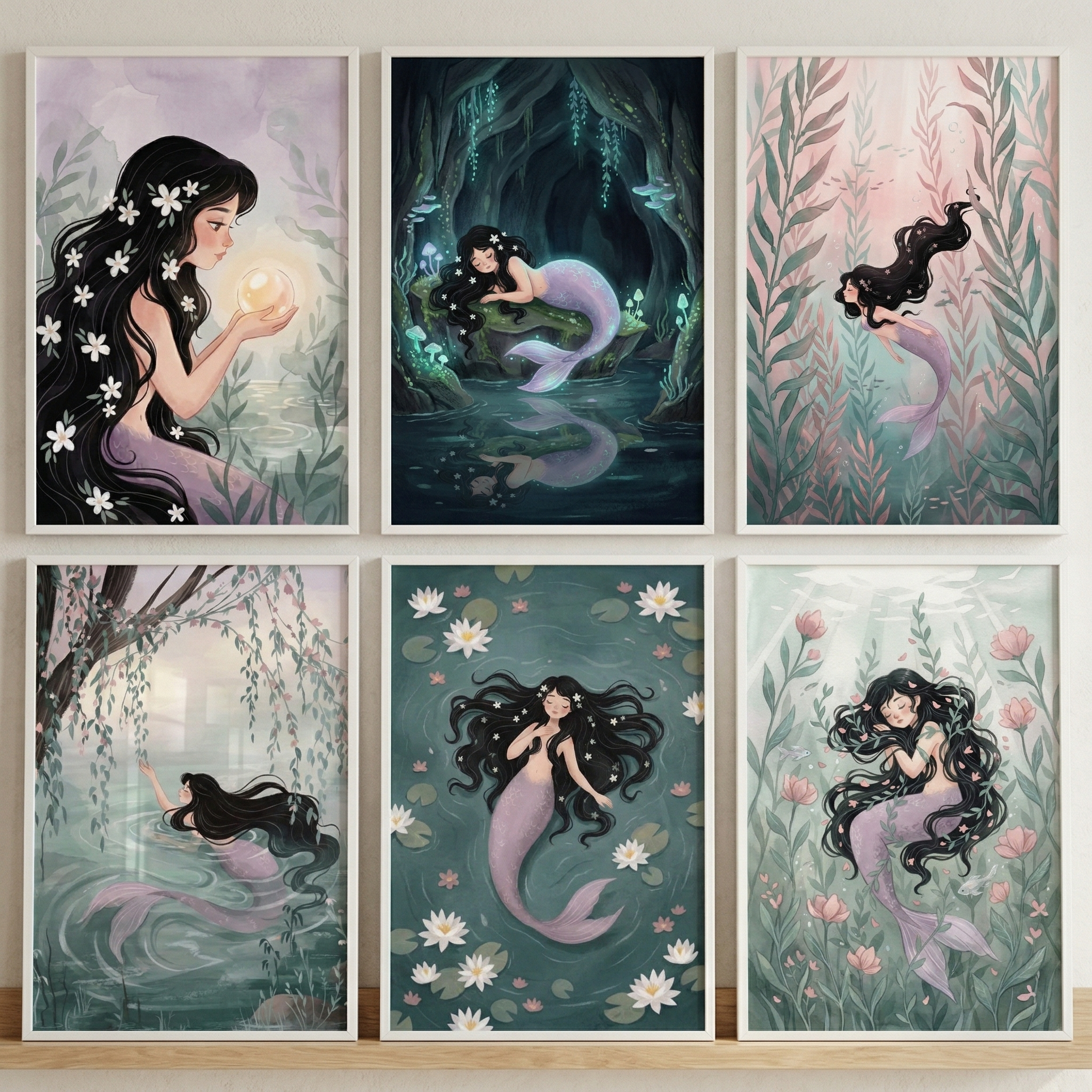 Long Black Hair Mermaid Wall Art Set of 6 - Floral Mermaid Tales