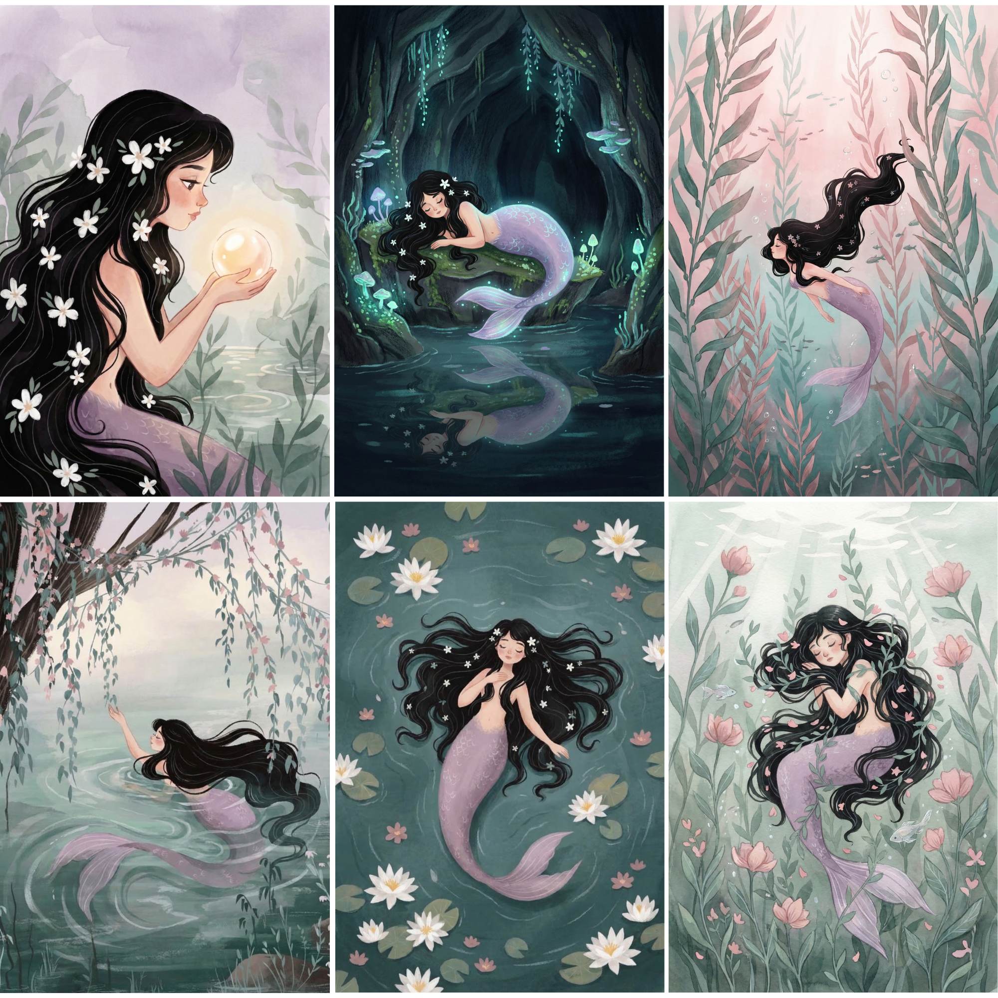 Long Black Hair Mermaid Wall Art Set of 6 - Floral Mermaid Tales