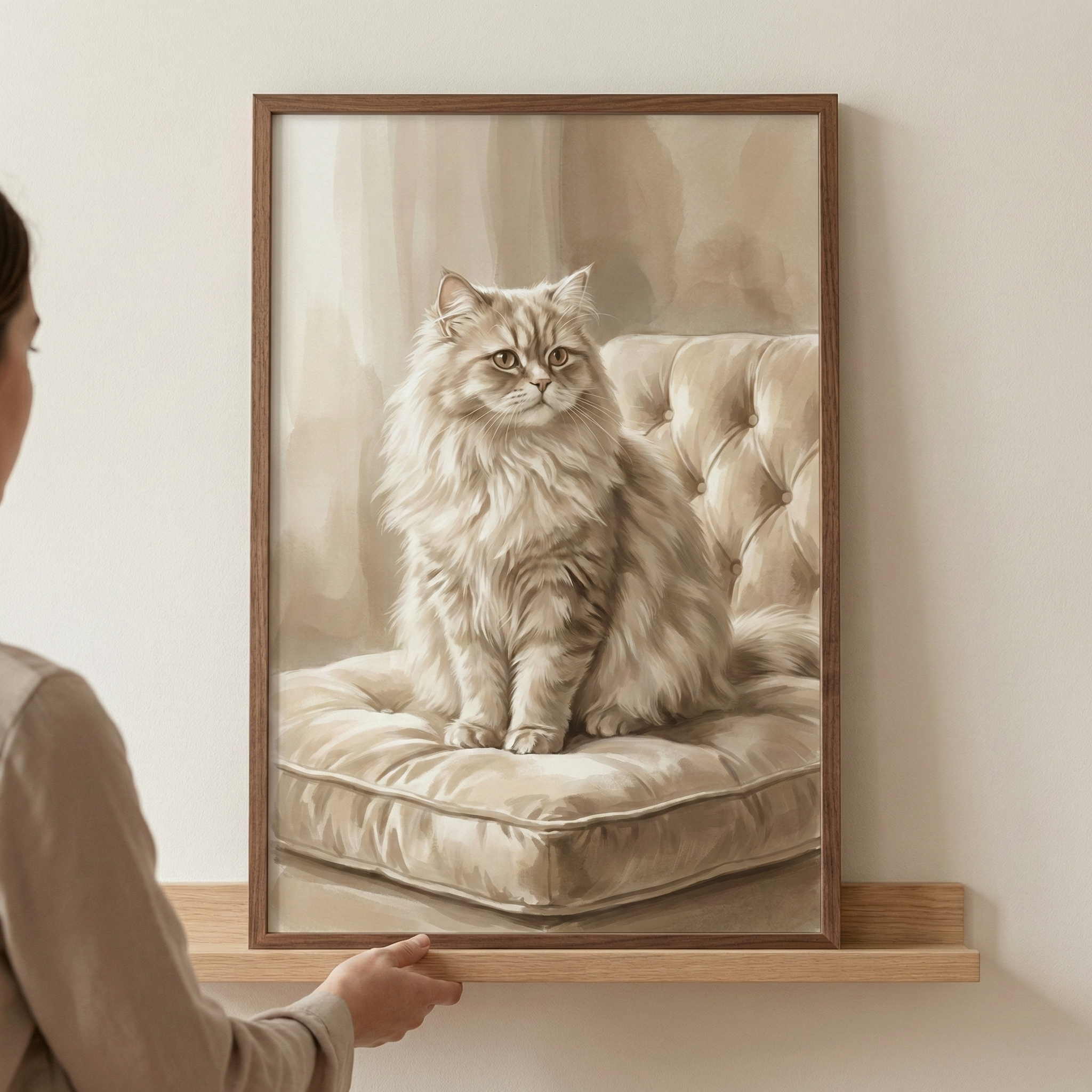 A detailed illustration of a majestic, long-haired cat is featured in a simple wooden frame. The cat, with its thick, cream-colored fur and expressive amber eyes, sits poised on a tufted, plush cushion. The entire composition is rendered in soft, monochromatic neutral tones of beige and tan, giving it a timeless and elegant feel. A person's hand is seen carefully adjusting the frame as it rests on a light-colored wooden shelf against a plain wall, showcasing the artwork in a home setting.
