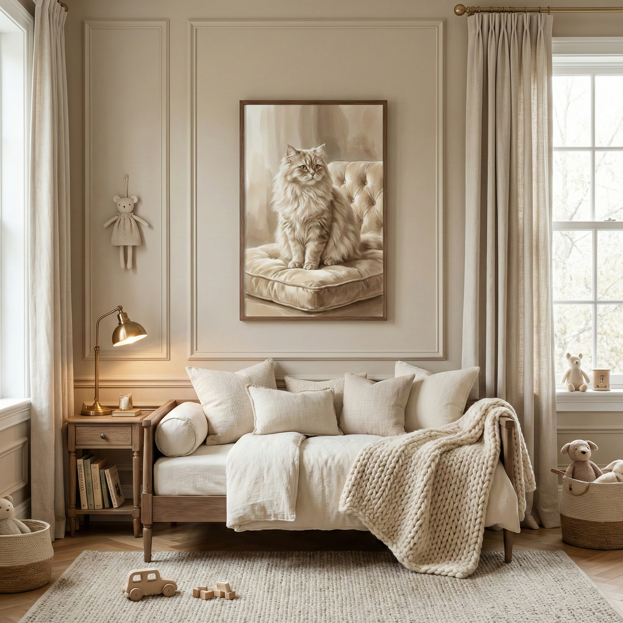 A serene, neutral-toned room featuring a wooden daybed dressed in cream linens and a chunky knit throw. Above the bed hangs a large framed artwork of a fluffy long-haired cat on a tufted cushion. The space includes a wooden nightstand with a gold lamp, elegant wall molding, and light beige curtains. A woven rug on the floor is scattered with small wooden toys and baskets filled with generic plush animals, creating a soft and calming atmosphere.