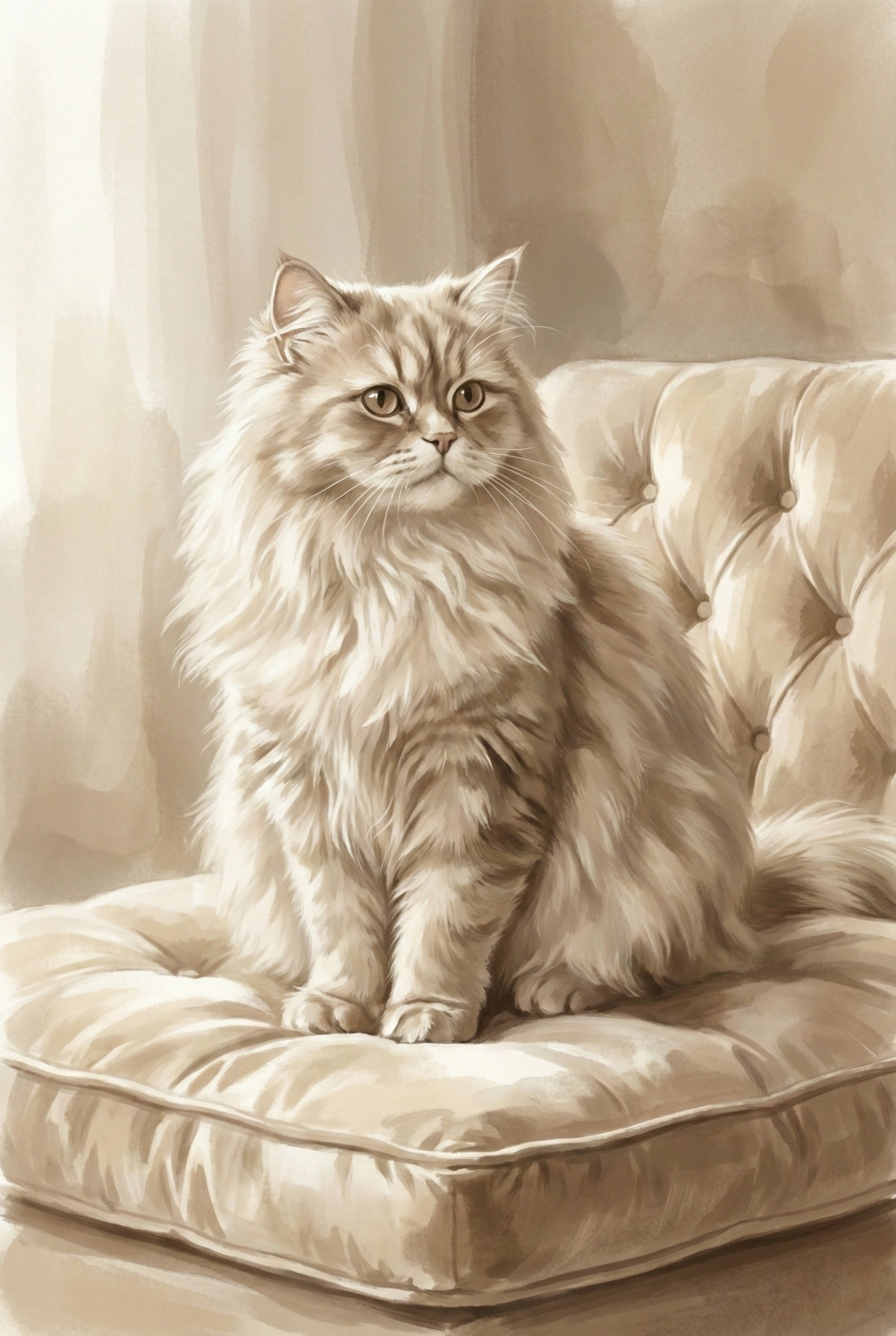 Watercolor portrait of a fluffy long-haired cat sitting on a tufted cream cushion, rendered in soft beige and warm neutral tones.
