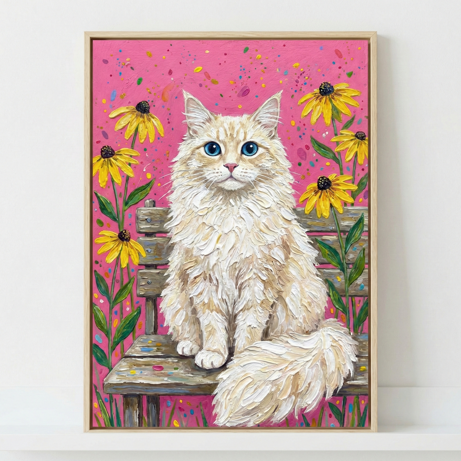 A vibrant piece of art featuring a fluffy, long-haired cream cat with striking blue eyes sitting on a weathered wooden bench. The image is created with thick, heavy texture and visible, layered brushwork. Tall yellow flowers with dark brown centers and green leaves flank the cat. The background is a bright magenta pink decorated with multi-colored splatters. The artwork is presented in a light-wood frame against a neutral white wall.