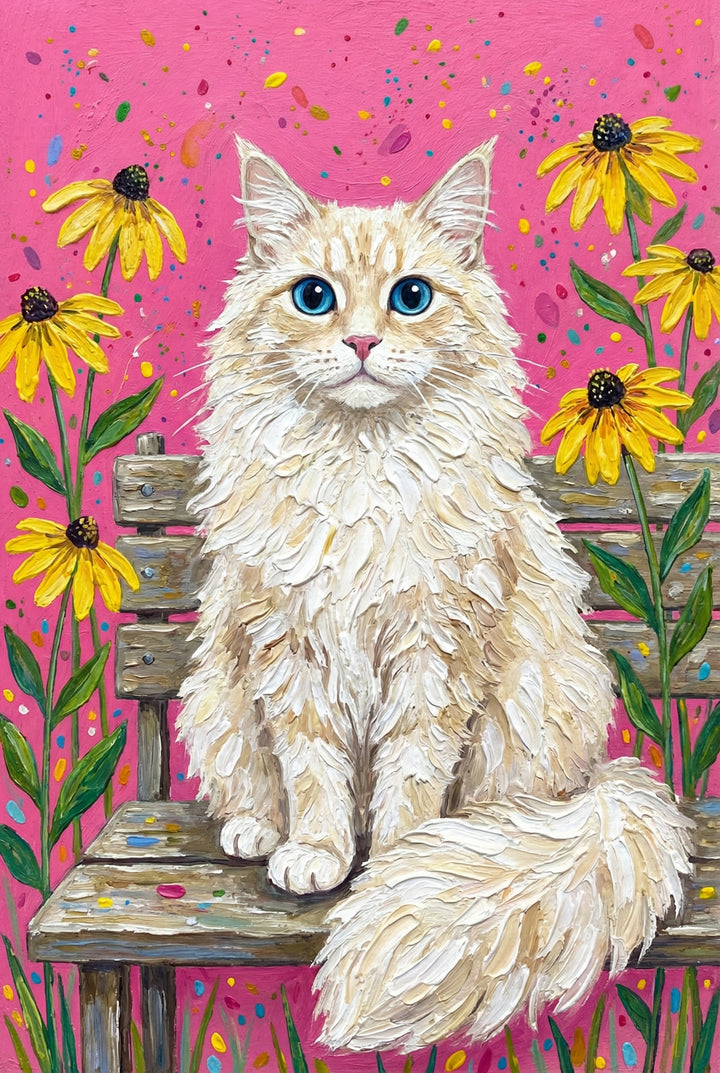 A long-haired cream cat with bright blue eyes sits calmly on a rustic wooden bench, surrounded by yellow flowers. The pink background is splattered with paint in festive colors.