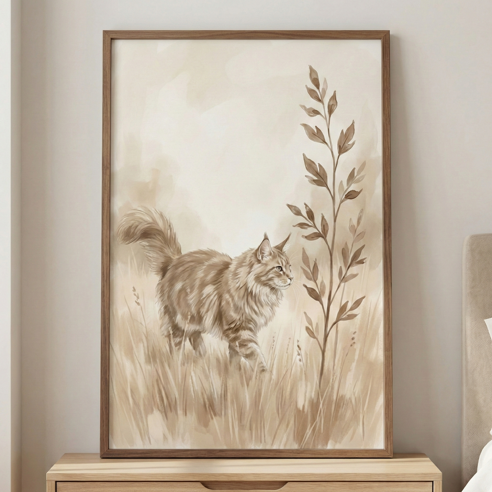 A framed vertical artwork captures a fluffy, long-haired cat with a plume-like tail navigating through a field of tall, dry grass. The illustration features a soft-focus aesthetic with warm sepia and cream tones. To the right, a spindly branch with delicate leaves stands tall. The artwork is enclosed in a simple wooden frame and rests on a light wood dresser against a plain wall.