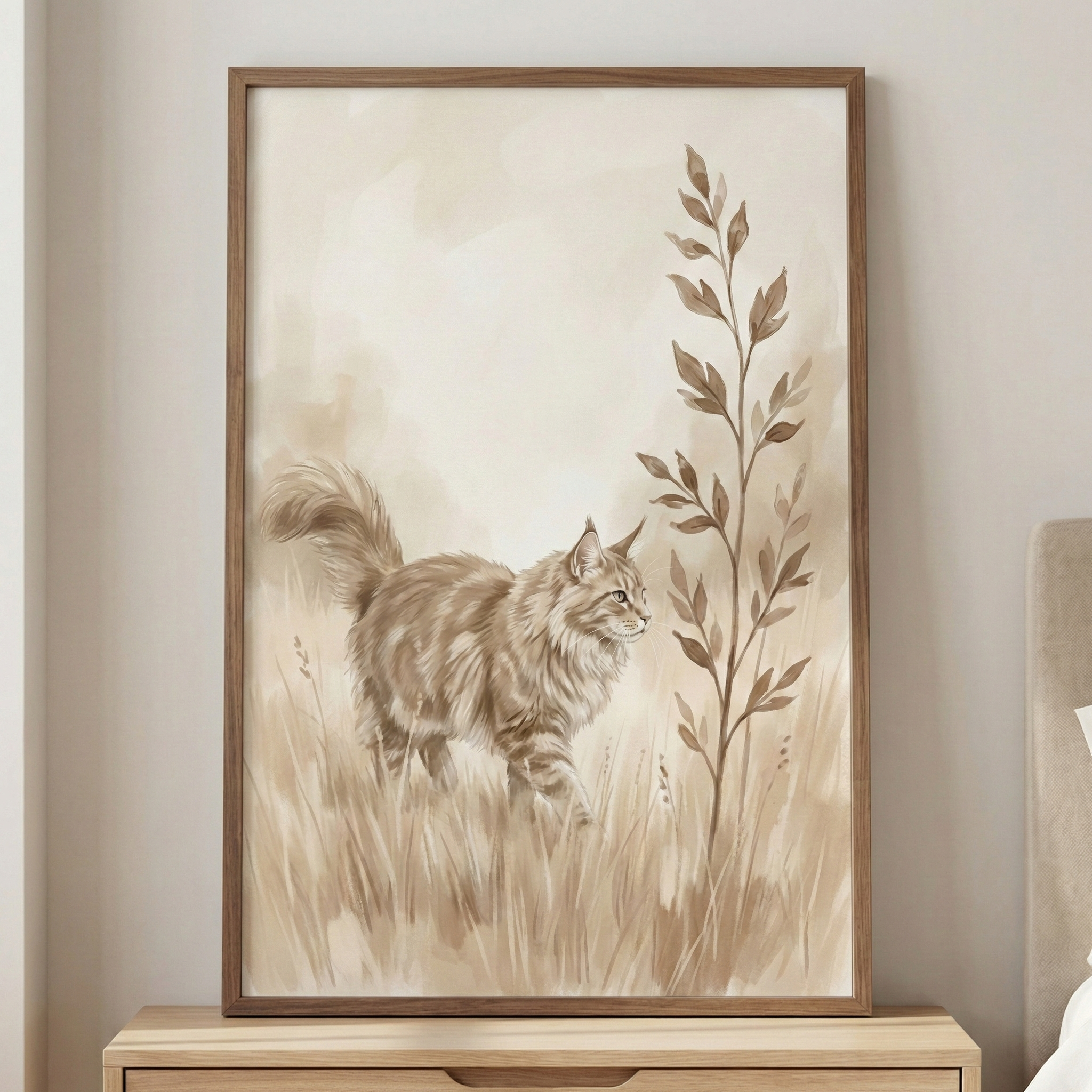 Long-haired Cat Watercolor Style Wall Art - Golden Meadow Prowl