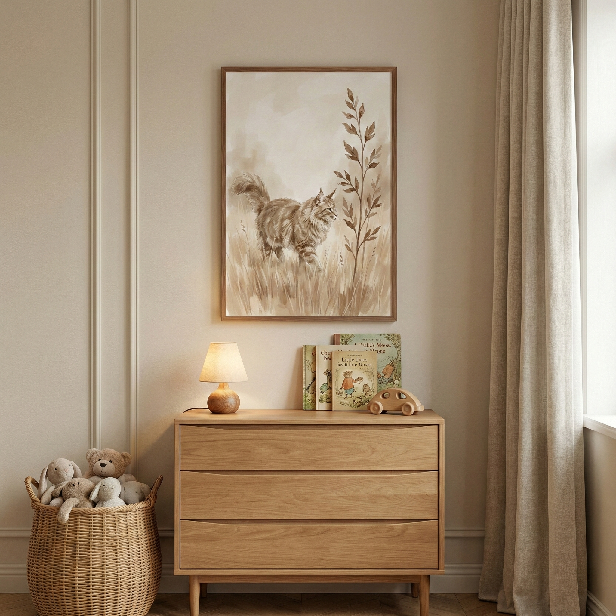 A serene and neutral-toned nursery corner features an illustration in a wooden frame hanging on a beige wall. The artwork depicts a fluffy, long-haired cat walking through tall, dried grass beside a stylized leafy stalk in muted brown tones. Below, a light-toned wooden three-drawer dresser holds a small lamp with a rounded wooden base, several illustrated children's books, and a simple wooden toy car. 