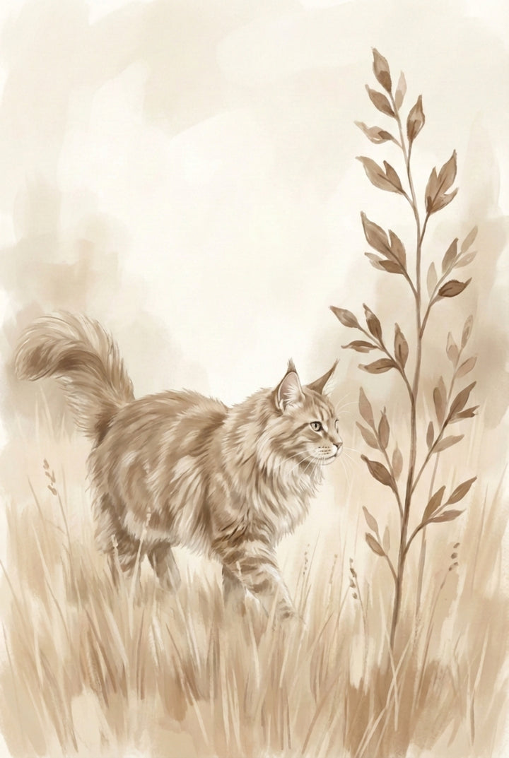 Soft watercolor illustration of a long-haired cat walking through tall neutral grass beside a leafy plant, painted in warm sepia hues.

