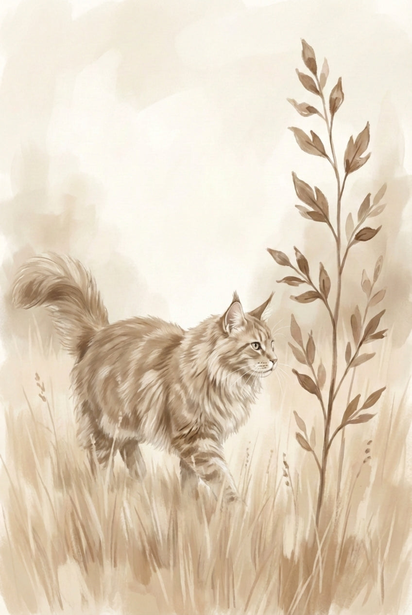 Long-haired Cat Watercolor Style Wall Art - Golden Meadow Prowl