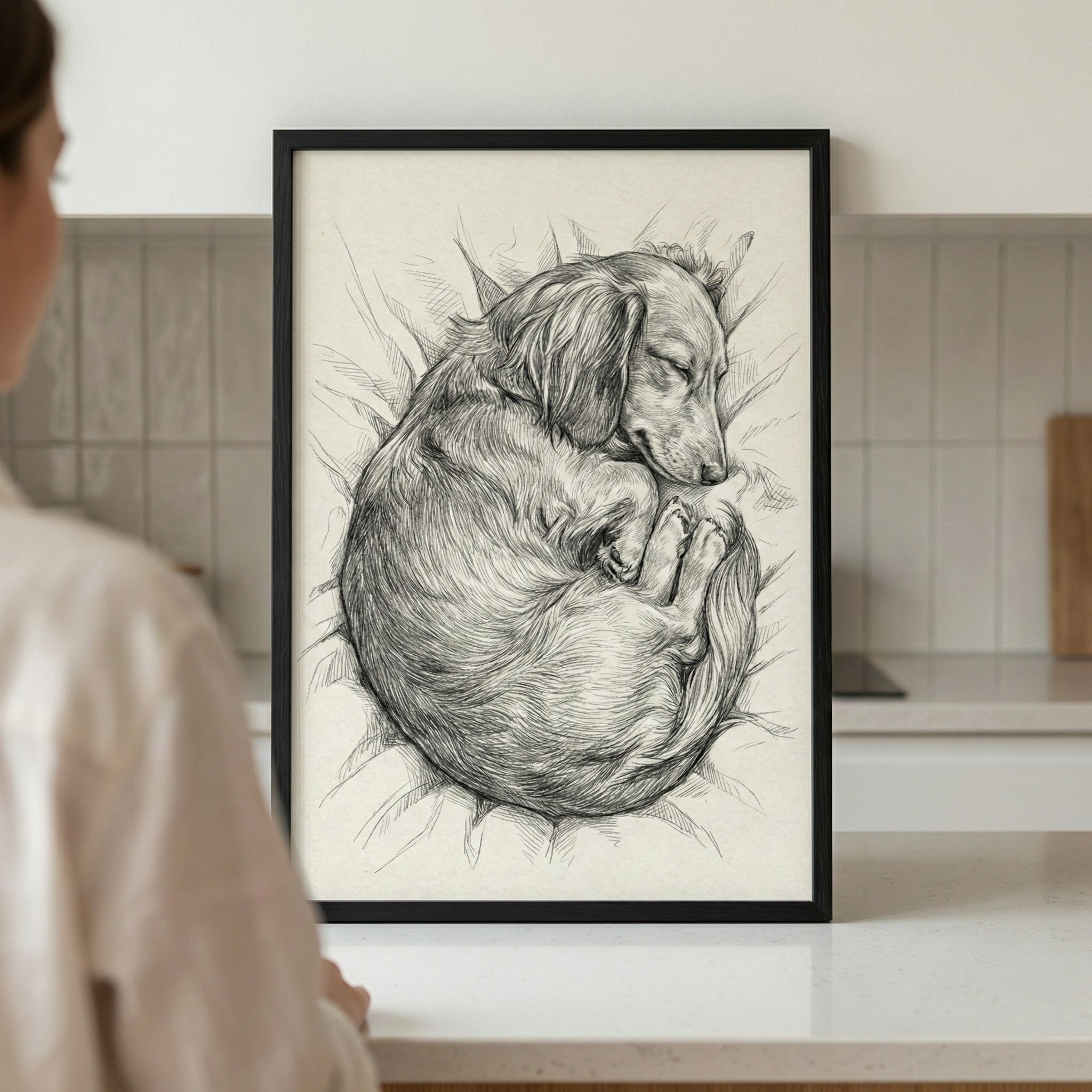 A black-framed pencil sketch of a long-haired dachshund curled up and sleeping, resting on a white kitchen counter. The detailed drawing highlights the texture of the dog's fur. In the foreground, a person is seen from the back, looking at the artwork against a background of white subway tiles.