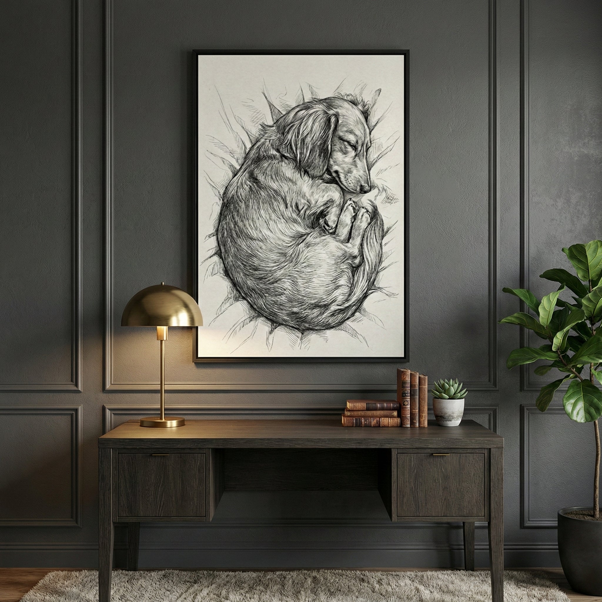 A framed black-and-white sketch of a dog curled up in a ball hangs on a dark gray paneled wall above a dark wood desk. On the desk, a brass mushroom-style lamp sits to the left, while a small stack of books and a tiny potted plant are on the right. A large green leafy plant in a dark pot stands in the corner, and a light-colored textured rug covers the floor.